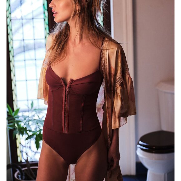 🆕 FREE PEOPLE Night Rhythm Corset Bodysuit / Washed Maroon - Picture 1 of 7